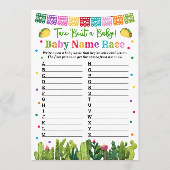 Tarjeta De Consejos Baby Name Race Game Taco Baby Shower (Anverso)