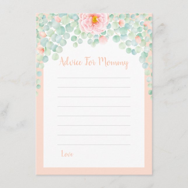 Tarjeta De Consejos Baby Shower Eucalyptus Foliage Floral Peach Mom (Anverso)
