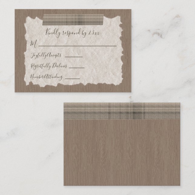 Tarjeta De Consejos Beige Plaid, Wood Bar Mitzvah RSVP Card (Anverso / Reverso)