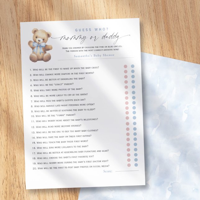 Tarjeta De Consejos Blue Bearly Wait–Mommy or Daddy? 20-Questions game (Bearly Wait Themed-Mommy or Daddy Baby Shower Games.)