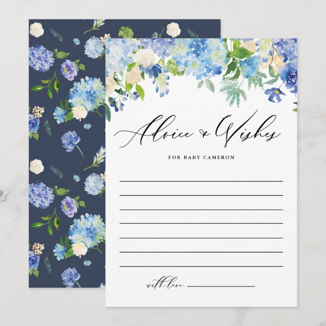 Tarjeta De Consejos Blue Hydrangea Consejos y deseos florales para el  (Anverso / Reverso)