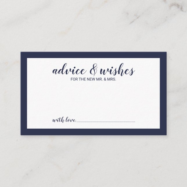 Tarjeta De Consejos Boda azul de la Marina de Script Moderno (Anverso)