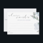 Tarjeta De Consejos Boda Bridal Shower Dusty Blue Gray Watercolor<br><div class="desc">Dusty Blue and Gray Watercolor Bouquet Bridal Shower o Tarjetas de Asesoramiento Boda: Este diseño cuenta con suaves flores azules/azules-grises suaves y letras deslumbrantes. La espalda tiene una corona con las iniciales de la pareja y la fecha del boda. Cuando los clientes escriben sus consejos y deseos para la pareja,...</div>