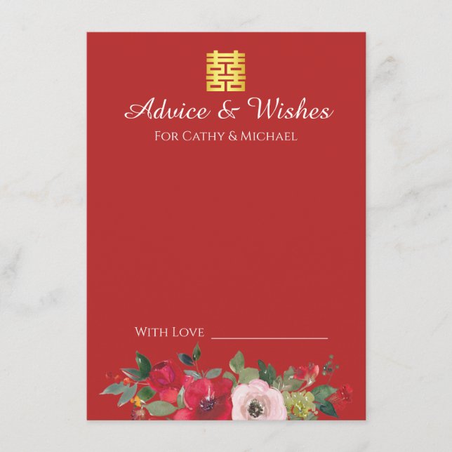 Tarjeta De Consejos Boda china moderna floral acuarela rosa rojo  (Anverso)
