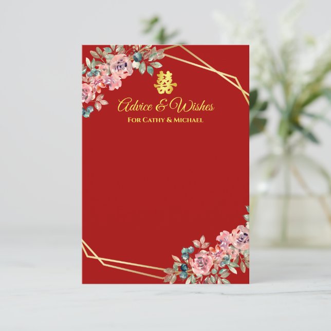 Tarjeta De Consejos Boda chino de floración dorada geométrica roja (Anverso de pie)