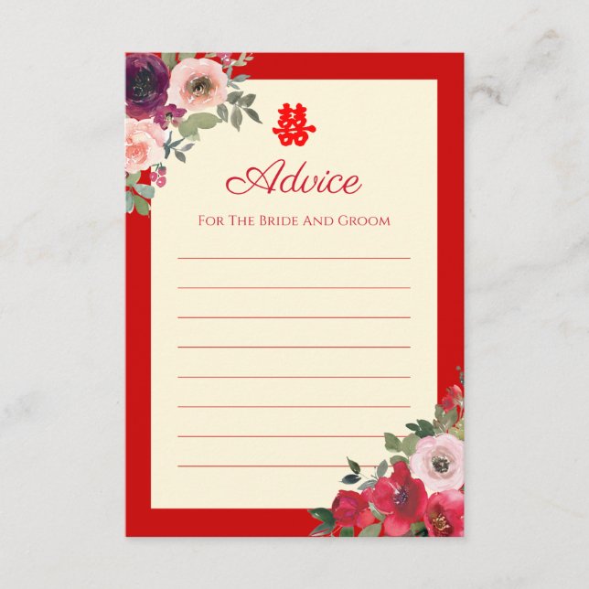 Tarjeta De Consejos Boda chino jardín rojo floral doble felicidad (Anverso)