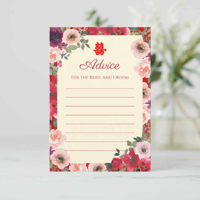 Tarjeta De Consejos Boda chino jardín rojo floral doble felicidad (Anverso de pie)