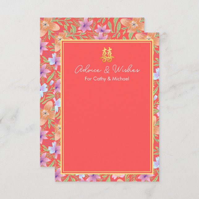 Tarjeta De Consejos Boda chino rojo peranakan floral doble xi (Anverso / Reverso)