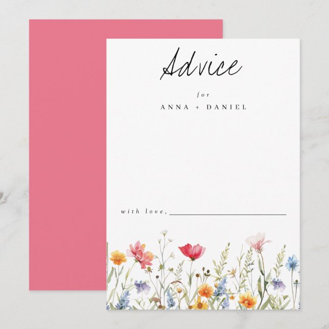 Tarjeta De Consejos Boda de acuarela con flores silvestres (Anverso / Reverso)