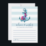 Tarjeta De Consejos Boda de anclaje acuático de franjas azules náutica<br><div class="desc">Diseño de tarjetas de consejos y deseos de bodas náuticos con ancla con flores sobre fondo de rayas azules.</div>