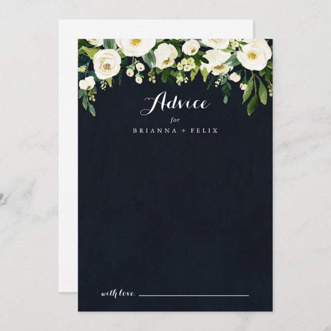 Tarjeta De Consejos Boda de caligrafía azul real floral blanca verde (Anverso / Reverso)