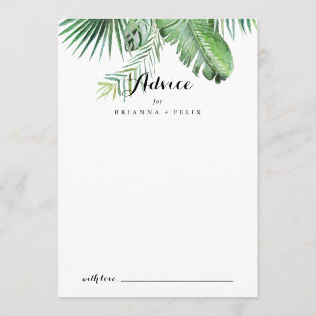 Tarjeta De Consejos Boda de caligrafía de vegetación tropical de desti (Anverso)