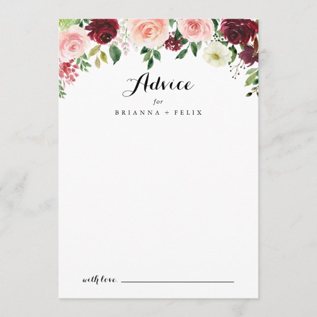 Tarjeta De Consejos Boda de caligrafía floral Burgundy Purple Spring (Anverso)
