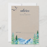 Tarjeta De Consejos Boda de destino de montaña rocosa Kraft<br><div class="desc">Esta tarjeta de consejo nupcial de destino de kraft Rocky Mountain es perfecta para un boda al aire libre y se puede usar para cualquier evento. El diseño presenta un paisaje salvaje pintado de azul y verde con pinos acuarelas, pájaros y montañas sobre un falso fondo de papel kraft claro....</div>