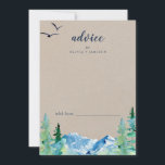 Tarjeta De Consejos Boda de destino de montaña rocosa Kraft<br><div class="desc">Esta tarjeta de consejo nupcial de destino de kraft Rocky Mountain es perfecta para un boda al aire libre y se puede usar para cualquier evento. El diseño presenta un paisaje salvaje pintado de azul y verde con pinos acuarelas, pájaros y montañas sobre un falso fondo de papel kraft claro....</div>