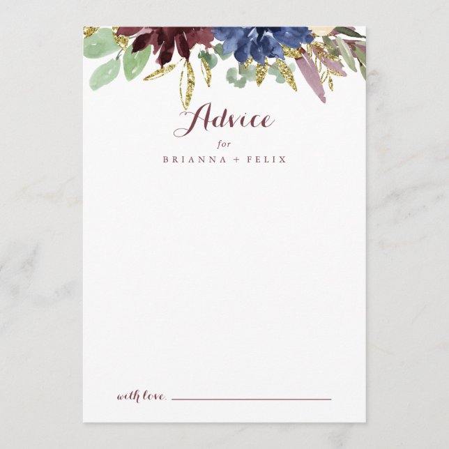 Tarjeta De Consejos Boda de hojas de oro rusas y caligrafía floral (Anverso)
