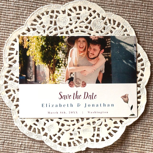 Tarjeta De Consejos Boda de Rosas beige verde verde azulado salva las  (Vintage Botanical Garden Rose Wedding Save the Date Card with Photo)