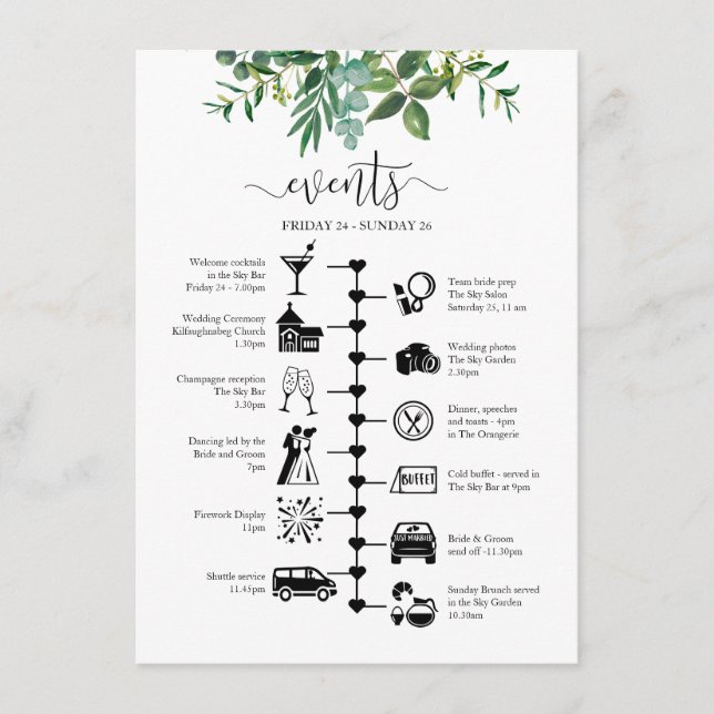Tarjeta De Consejos Boda Invitado Itinerario Greenery Ilustrado (Anverso)