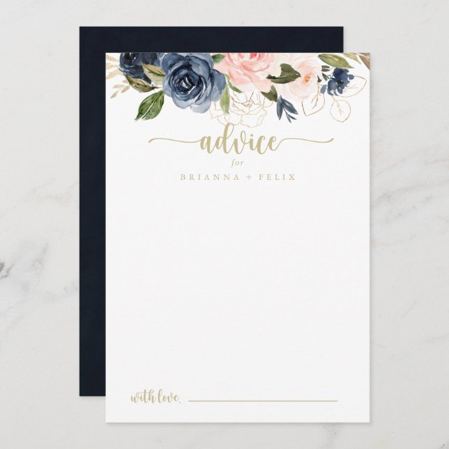 Tarjeta De Consejos Boda Navy Rubor Floral Gold (Anverso / Reverso)