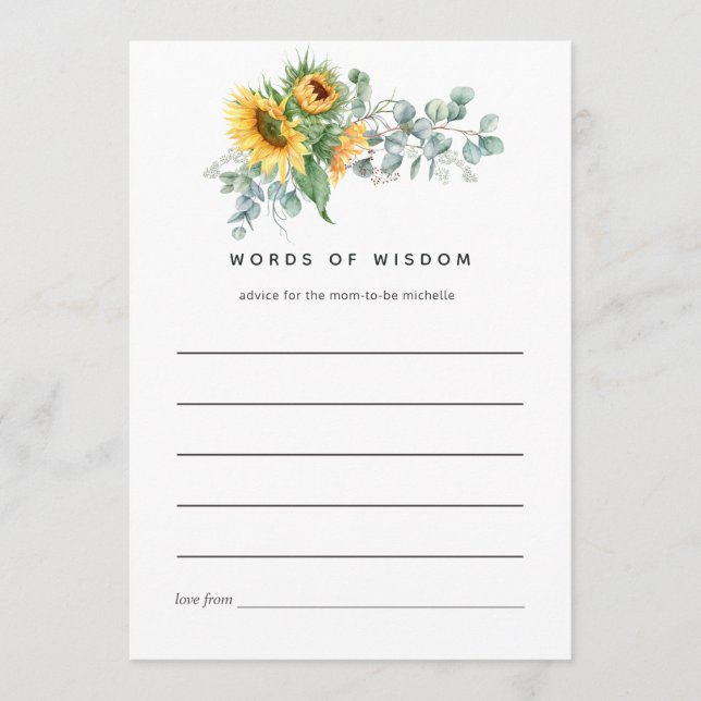Tarjeta De Consejos Boho Sunflower Eucalyptus Bridal Shower (Anverso)