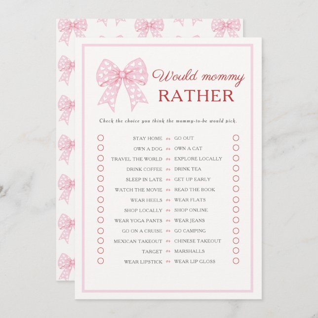 Tarjeta De Consejos Bow Rosado Querido Bebé Mami Más Bien Juego (Anverso / Reverso)