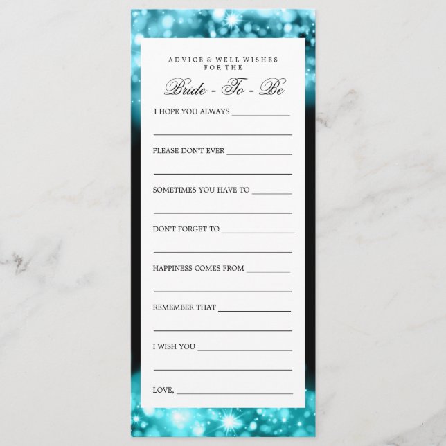 Tarjeta De Consejos Bridal Shower Advance Luces esparcantes turquesa T (Anverso)