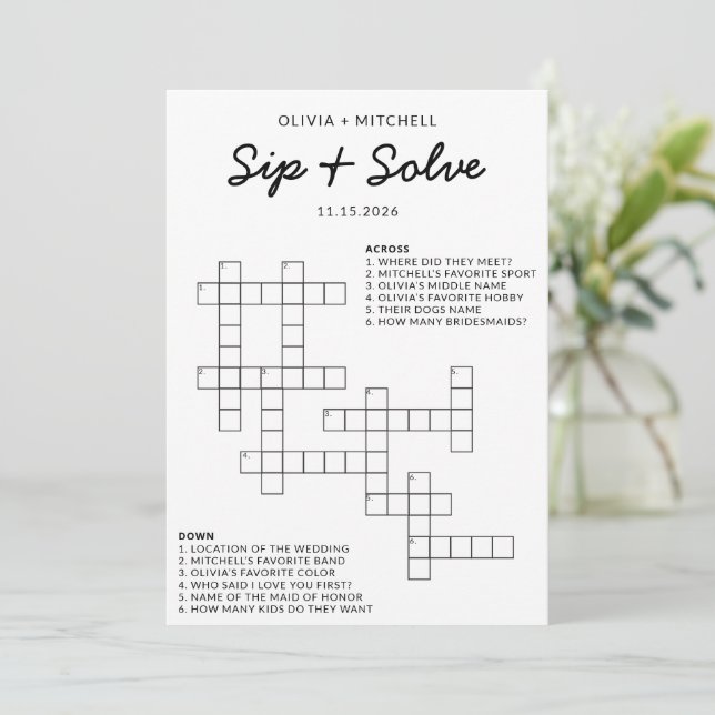 Tarjeta De Consejos Bridal Shower Sip and Solve Fun Crossword Game (Anverso de pie)
