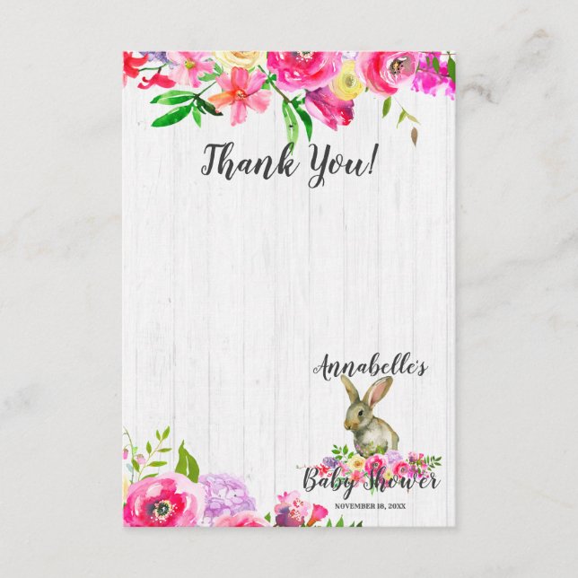 Tarjeta De Consejos Bunny Rabbit Moda Floral Baby Shower Gracias (Anverso)