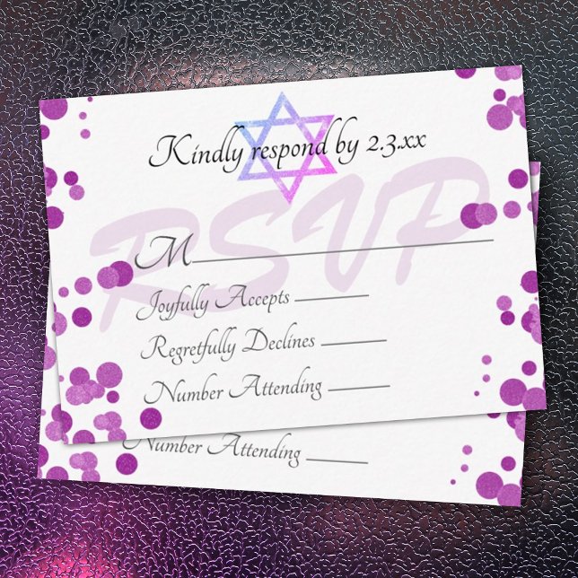 Tarjeta De Consejos Burbujas violetas púrpura puntos Bat Mitzvah RSVP  (purple shimmery lights bat mitzvah rsvp card, purple bubbles polka dots cute reply enclosure cards )