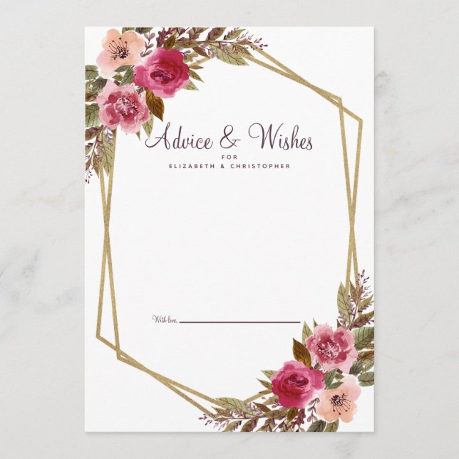 Tarjeta De Consejos Cassis floral Deseos Bodas morados de oro blanco (Anverso)