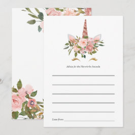Tarjeta De Consejos Chorreada Rosa y Fiestal Unicornio Floral de Oro B