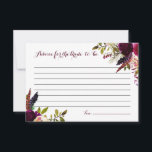 Tarjeta De Consejos Consejos de acuarela boho floral de otoño para la<br><div class="desc">Consejos inspirados en bohemio para la tarjeta de la futura novia con ilustraciones de acuarela de rosas y peonías moradas,  rojas y rosadas con acento de plumas. Esta tarjeta será perfecta para las fiestas de boda boho y las fiestas de boda de otoño.</div>