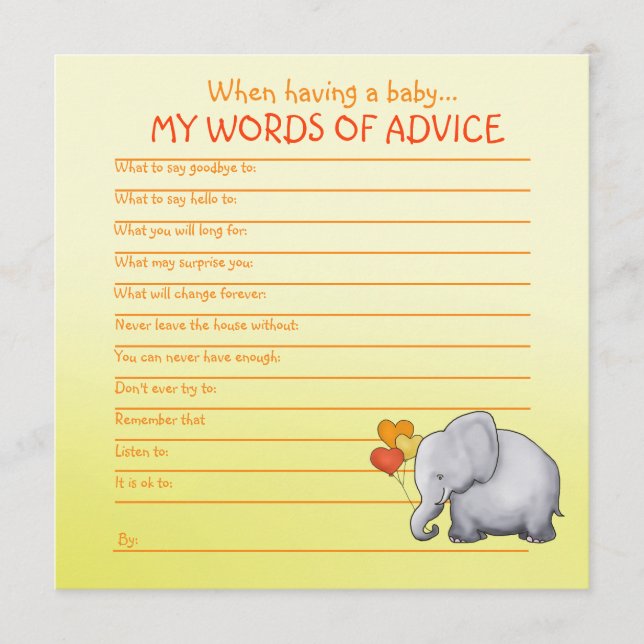 Tarjeta De Consejos Consejos de Baby Shower para el Elefante Neutral p (Anverso)