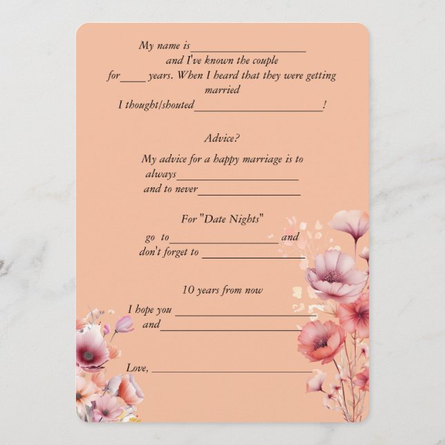 Tarjeta De Consejos Consejos de Boda Flores Acuarela Peach Fuzz  (Reverso)