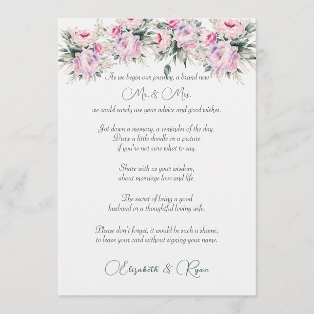 Tarjeta De Consejos Consejos de bodas Bien Deseados Peonies Rosados (Anverso)