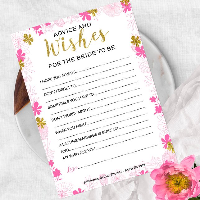 Tarjeta De Consejos Consejos y deseos para la novia | Floral rosa (Subido por el creador)