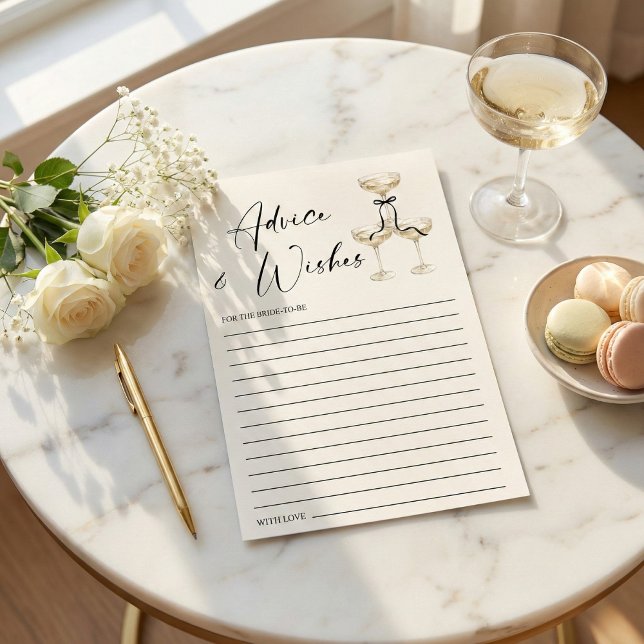 Tarjeta De Consejos Coquette Black Ribbon Bridal Shower Advice and (Elegant Champagne Tower Black Bow Bridal Shower Advice and Wishes Card)