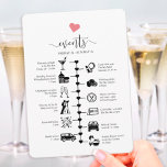 Tarjeta De Consejos cronología de bodas con corazón lindo, itinerario<br><div class="desc">Este itinerario boda y tarjeta de bienvenida presenta un pequeño motivo cardíaco que puede cambiar a cualquier color. Utilizando iconos de pictograma, informe a sus invitados de su itinerario para su gran día y asegúrese de que nadie pierde en ninguno de sus planes durante todo el evento. Con un mensaje...</div>