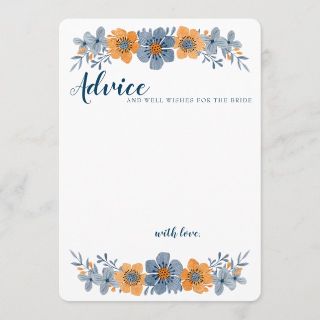 Tarjeta de Consejos de Boda de Flor Azul y Naranja (Anverso)