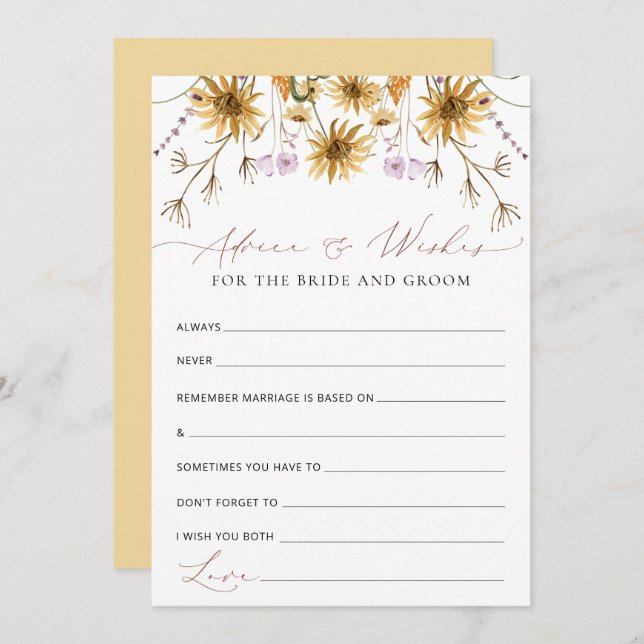 Tarjeta de Consejos de Boda de Girasoles Elegantes (Anverso / Reverso)