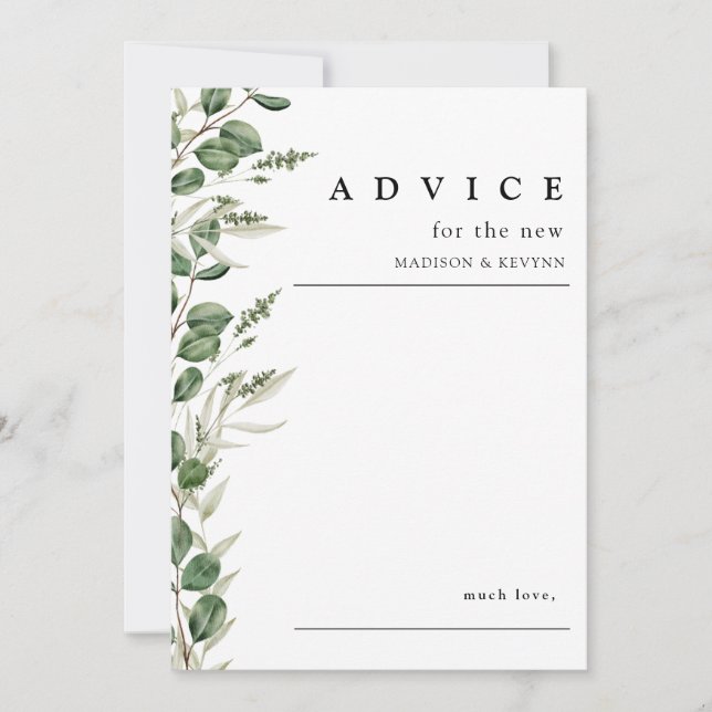 Tarjeta de Consejos de Boda de Verde Elegante Euca (Anverso)