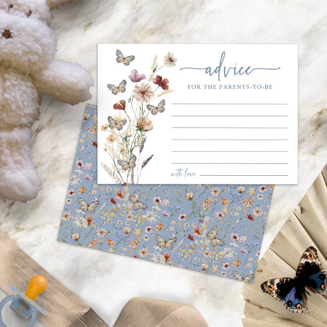 Tarjeta de Consejos de Flor Silvestre Boho Azul (Dusty Blue Boho Wildflower Advice Card with Butterflies by Painted Paperie)