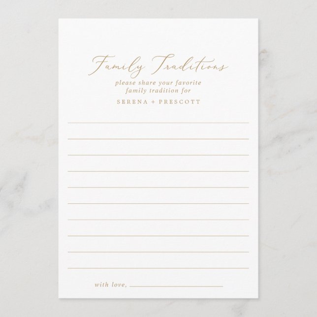 Tarjeta De Consejos Delicada caligrafía dorada tradiciones familiares  (Anverso)