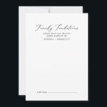Tarjeta De Consejos Delicadas tradiciones familiares de caligrafía neg<br><div class="desc">Esta delicada tarjeta de consejo familiar de caligrafía negra es perfecta para un boda moderno y se puede usar para cualquier evento. El romántico diseño minimalista presenta una bonita y elegante tipografía negra sobre un fondo blanco con un aspecto limpio y sencillo. Estas tarjetas de consejo pueden utilizarse como alternativa...</div>