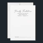 Tarjeta De Consejos Delicadas tradiciones familiares de caligrafía neg<br><div class="desc">Esta delicada tarjeta de consejo familiar de caligrafía negra es perfecta para un boda moderno y se puede usar para cualquier evento. El romántico diseño minimalista presenta una bonita y elegante tipografía negra sobre un fondo blanco con un aspecto limpio y sencillo. Estas tarjetas de consejo pueden utilizarse como alternativa...</div>
