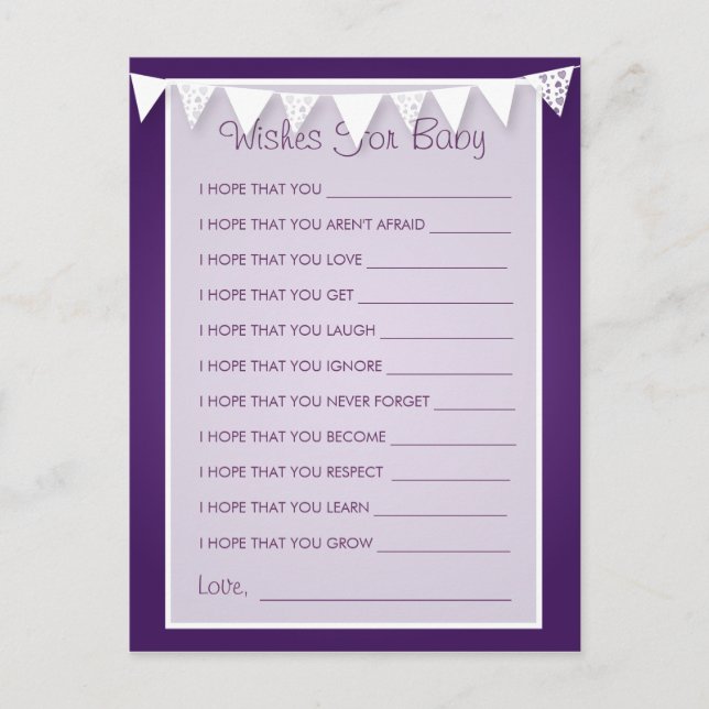 Tarjeta De Consejos Deseos De Baby Shower Love Bunting Purple (Anverso)