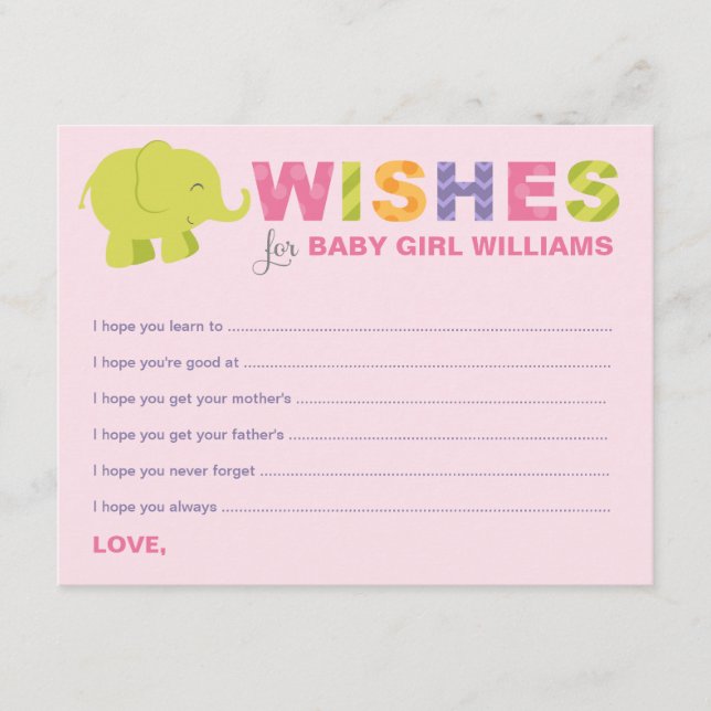 Tarjeta De Consejos Deseos rosas modernos para la ducha de elefantes n (Anverso)