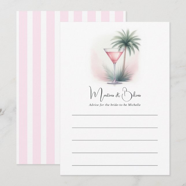 Tarjeta De Consejos Despedida de soltera con martinis rosados y bikini (Anverso / Reverso)