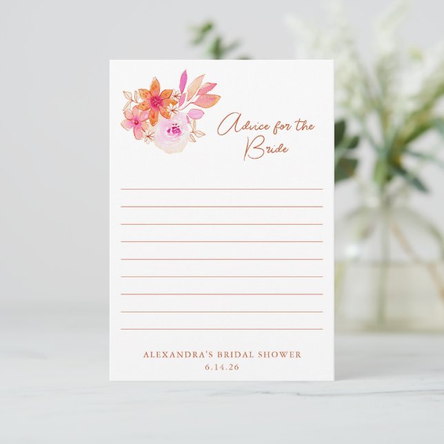 Tarjeta De Consejos Ducha de flores naranjas rosadas boho para la novi (Anverso de pie)