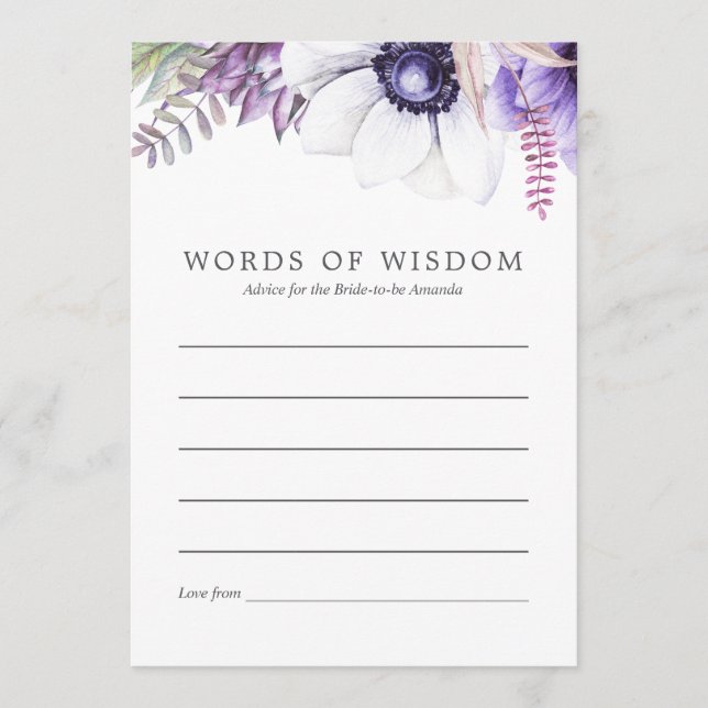 Tarjeta De Consejos Dusty Violet Floral Bridal Shower Advance (Anverso)
